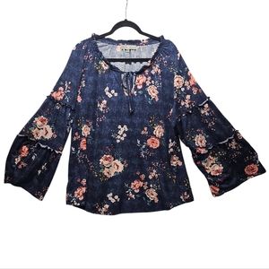 Absolutely Famous Peasant Blouse Blue Floral Long Sleeve Bohemian